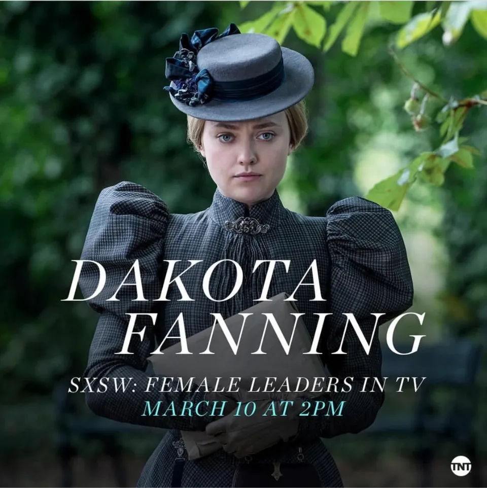 The Alienist social post: Dakota Fanning in a grey hat promoting her SXSW panel
