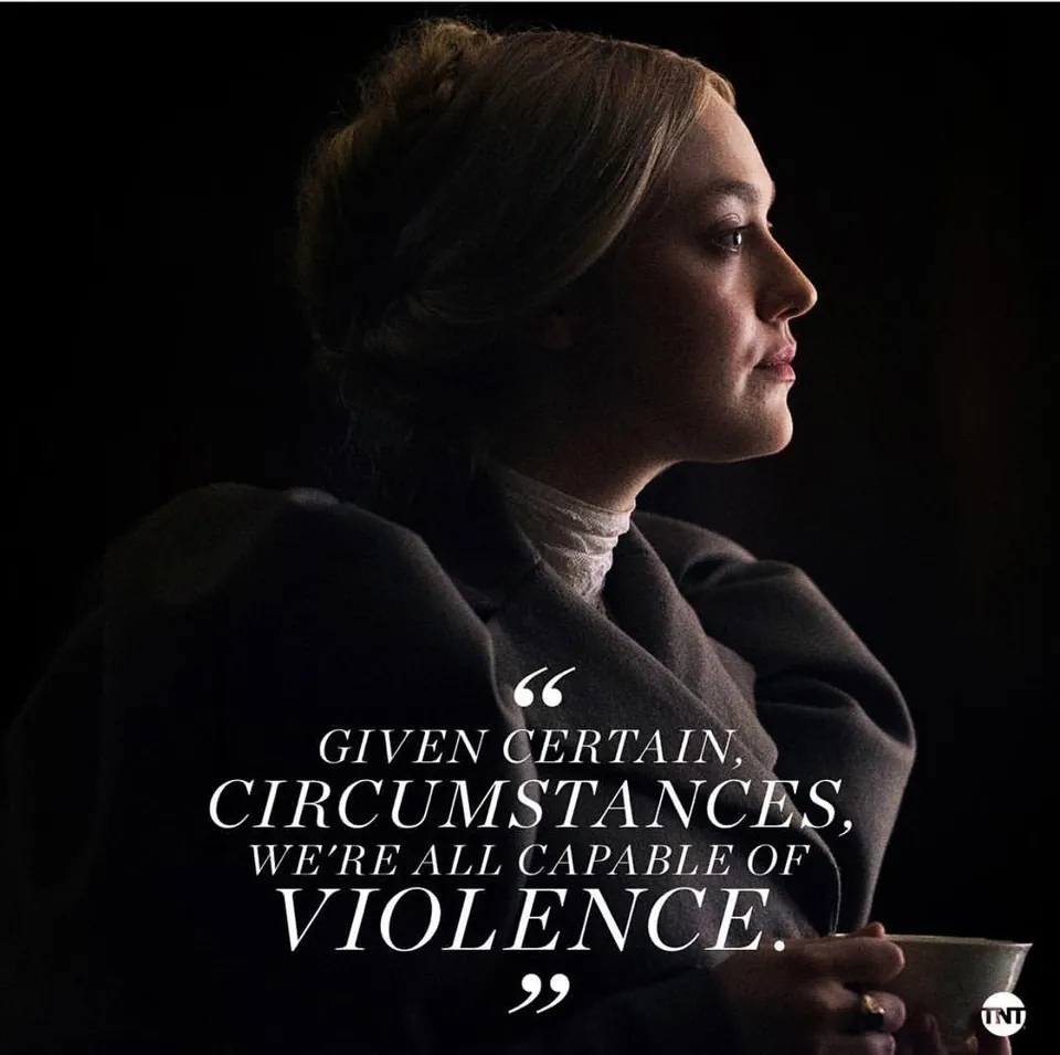 The Alienist social post: Sara Howard in profile with the quote "Given certain circumstances, we're all capable of violence"