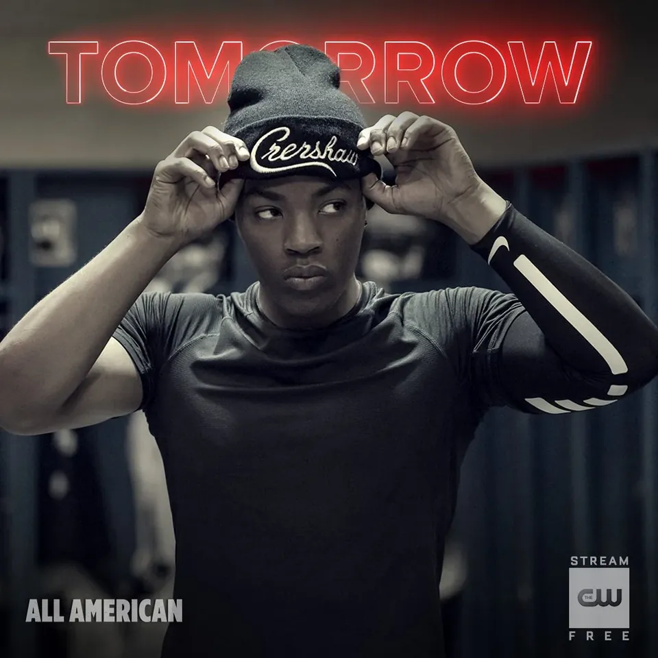All American social graphic: Spencer pulling on a Crenshaw beanie under the word TOMORROW
