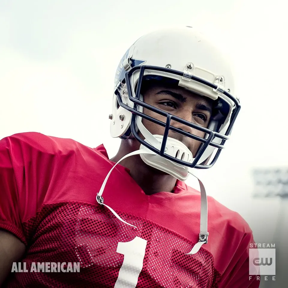 All American social graphic: Spencer in a red football jersey and helmet