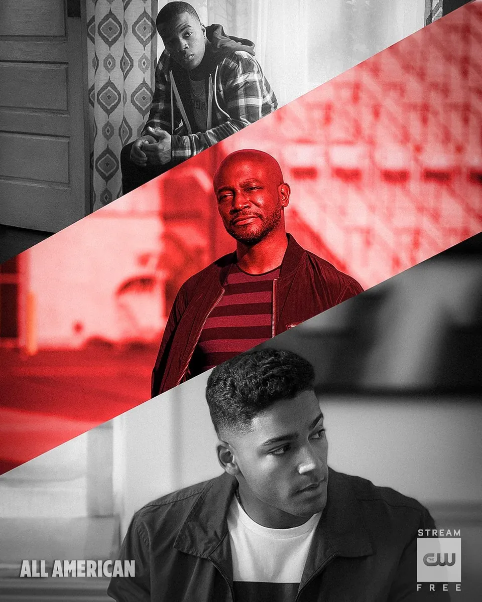 All American social graphic: three cast portraits split by red diagonal bands