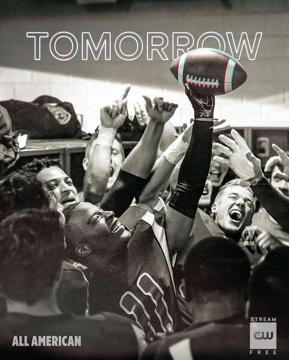 All American social graphic: the team celebrating in the locker room under the word TOMORROW