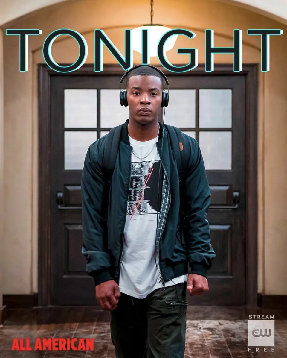 All American social graphic: Spencer in headphones under the word TONIGHT