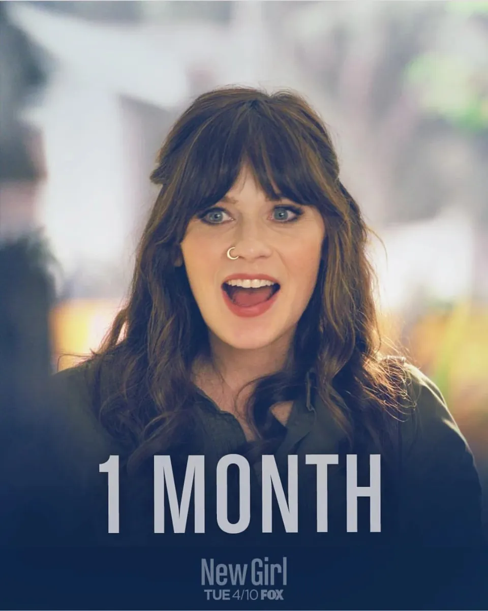 New Girl social graphic: Zooey Deschanel with the countdown 1 Month