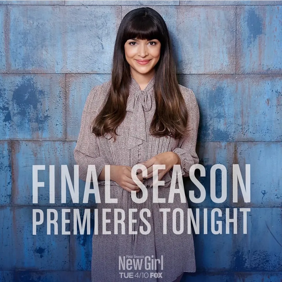 New Girl social graphic: Hannah Simone against a blue wall, Final Season Premieres Tonight